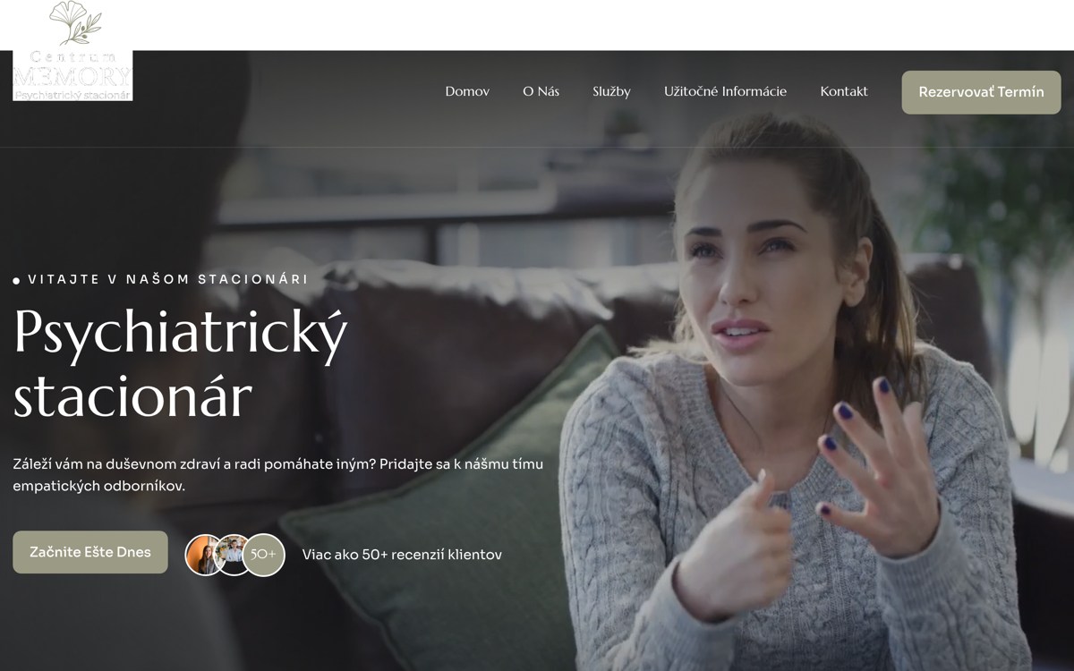 Náhľad webu psychiatrického stacionára Centrum MEMORY